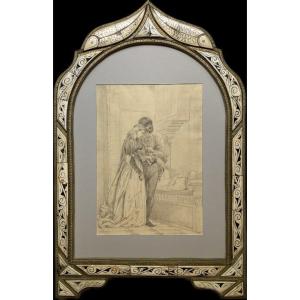 Jean-paul Laurens, Renaissance Couple, Beautiful 19th Century Drawing