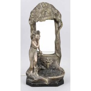 Viennese Manufactory, Goldsheider Style - Table Lamp With Mirror: "young Woman In The Woods"