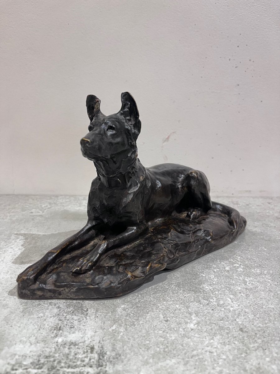 Bronze Animal Sculpture Of A Reclining German Shepherd Dog By Jean Joire-photo-2