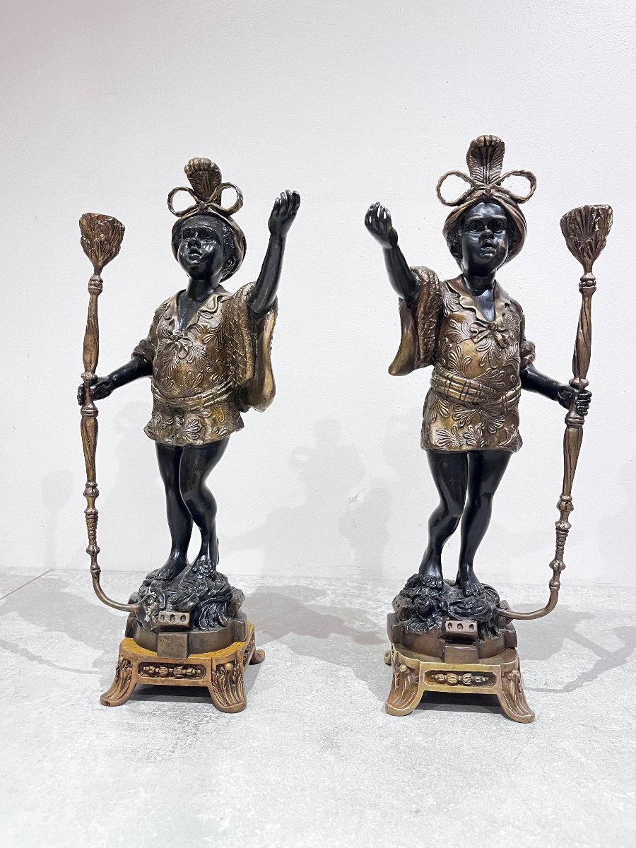 Paire de chandeliers vénitiens en bronze, 19ème siècle-photo-3