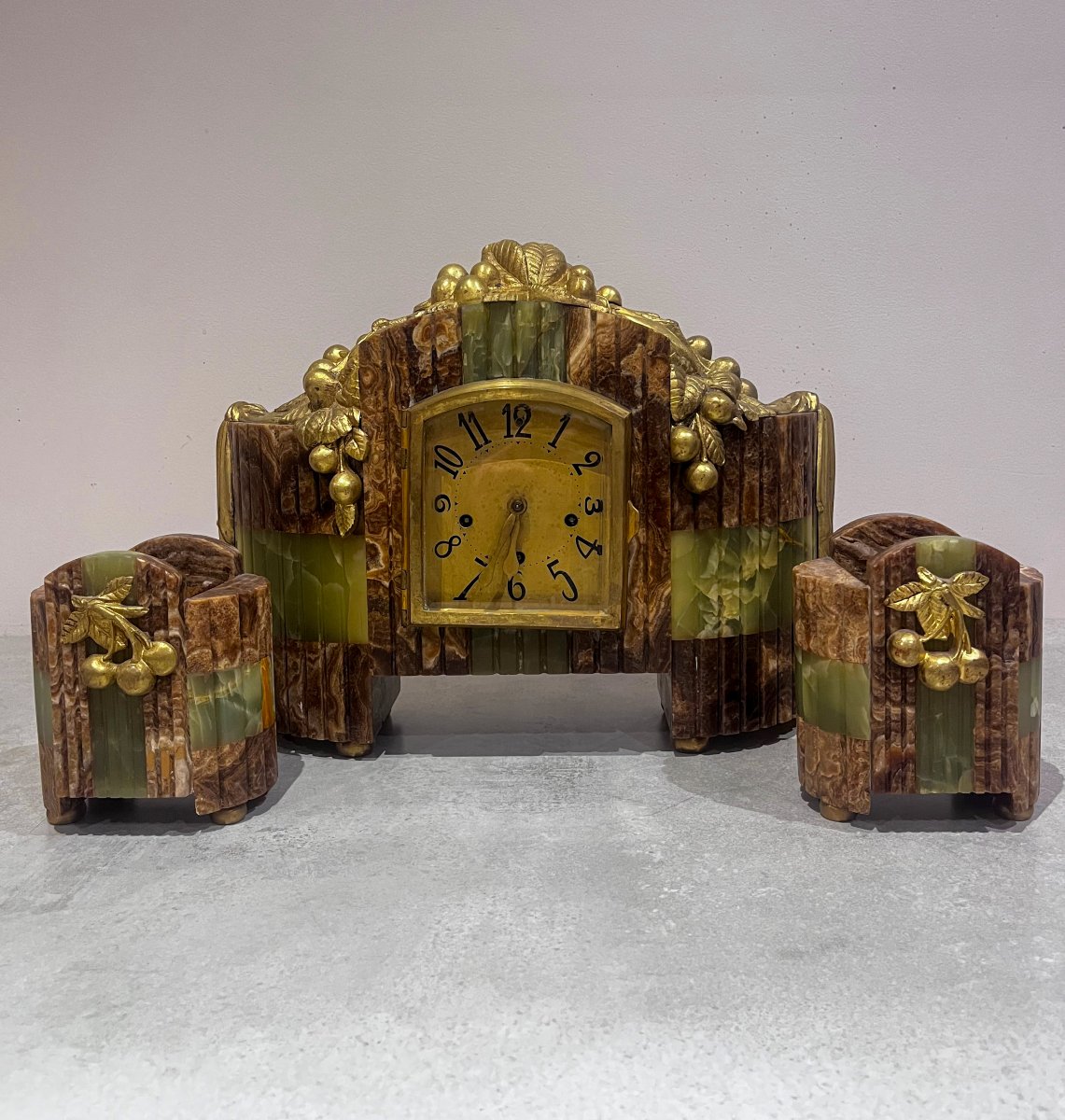 Garniture de cheminée Art Déco, horloge et cassolettes-photo-5