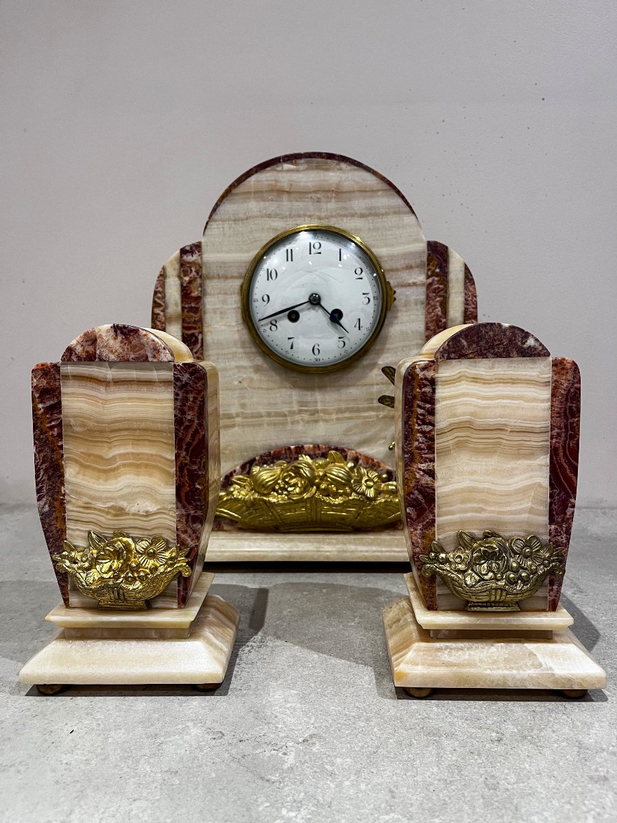 Garniture de cheminée Art Déco, horloge et cassolettes-photo-2