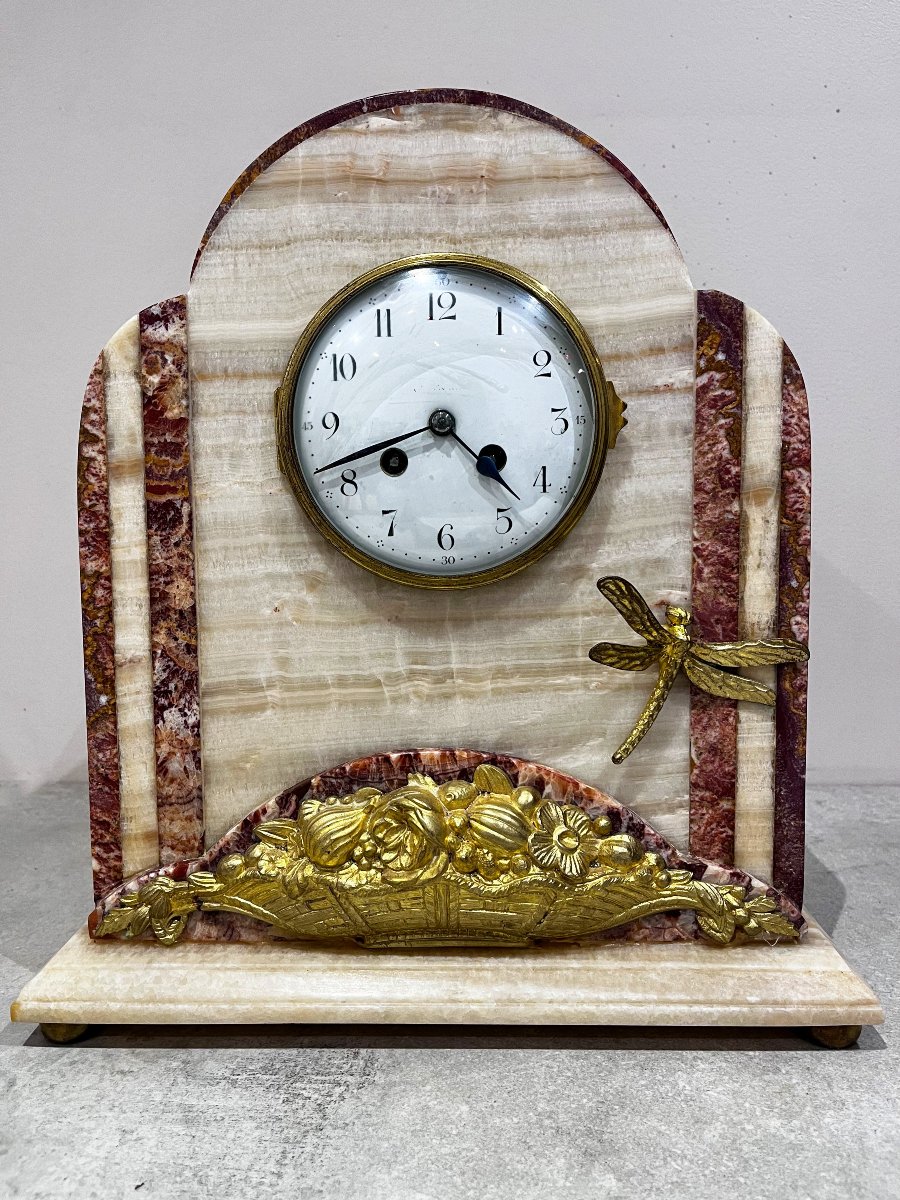 Garniture de cheminée Art Déco, horloge et cassolettes-photo-3