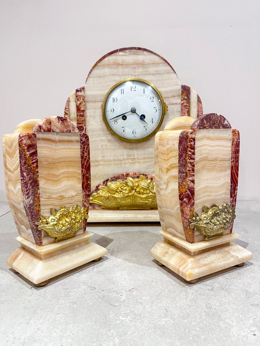 Garniture de cheminée Art Déco, horloge et cassolettes-photo-1
