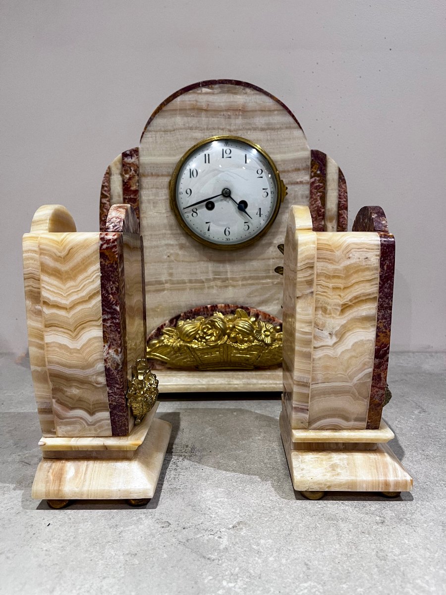 Garniture de cheminée Art Déco, horloge et cassolettes-photo-2