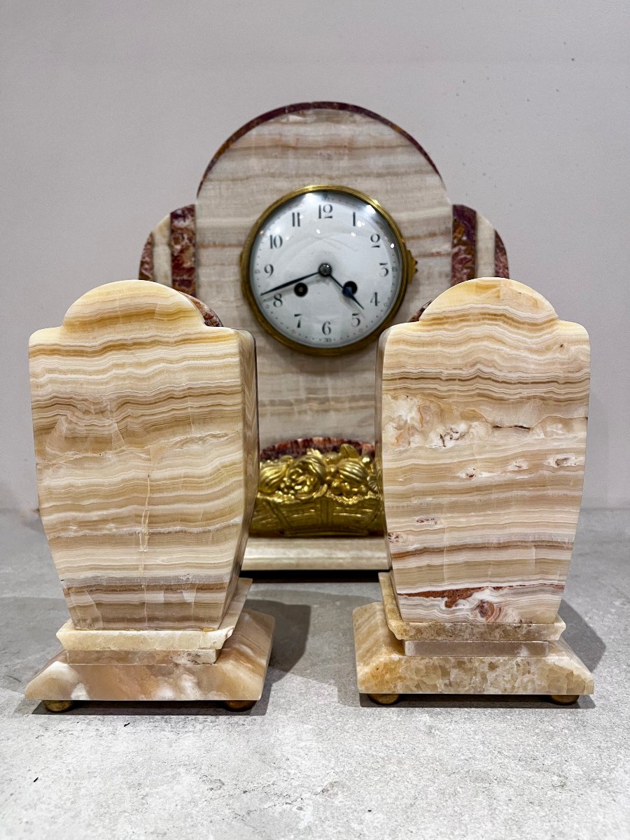Garniture de cheminée Art Déco, horloge et cassolettes-photo-3