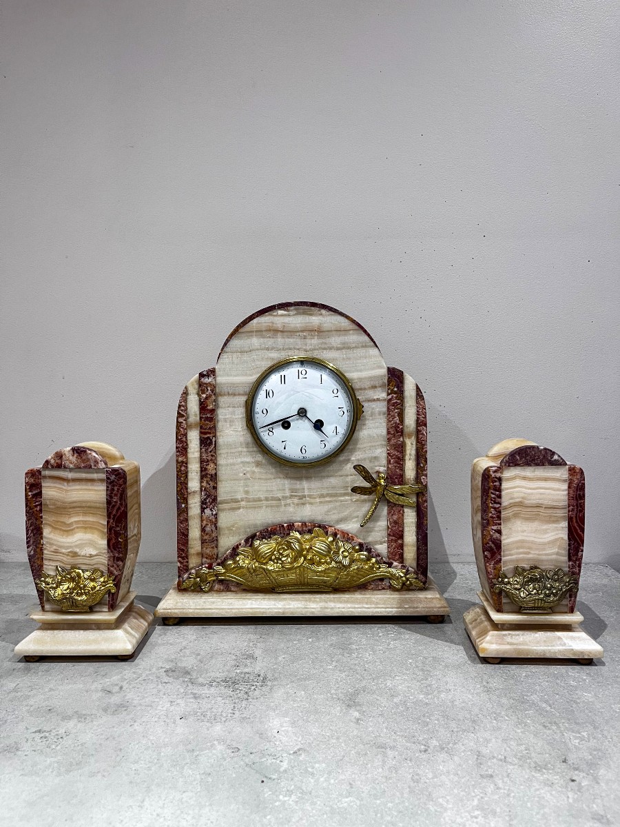Garniture de cheminée Art Déco, horloge et cassolettes