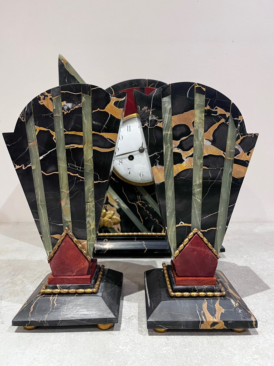 Art Deco Fireplace Surround, Clock And Cassolettes-photo-2