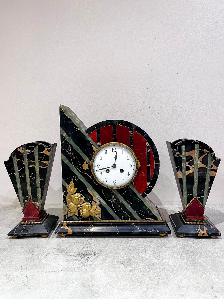 Art Deco Fireplace Surround, Clock And Cassolettes