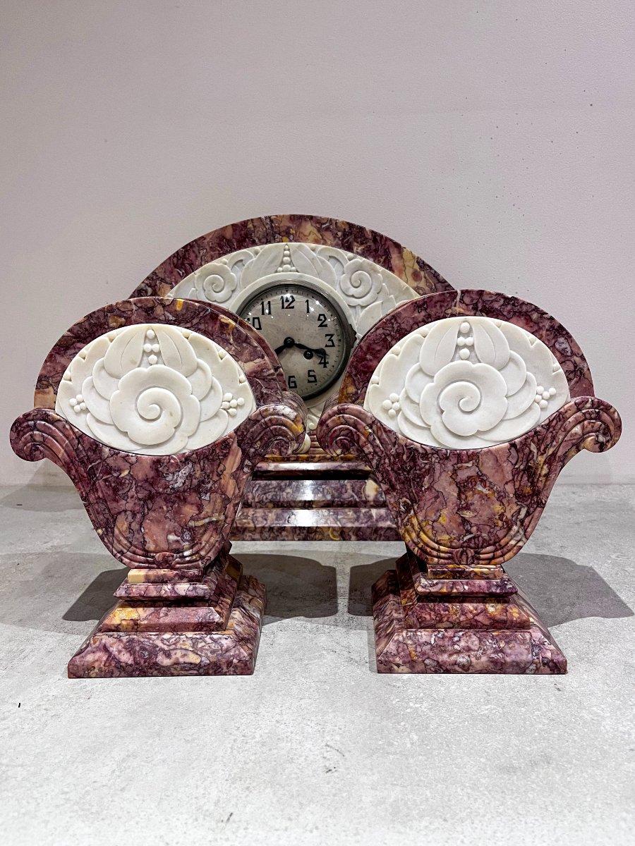 Art Deco Fireplace Surround, Clock And Cassolettes-photo-2