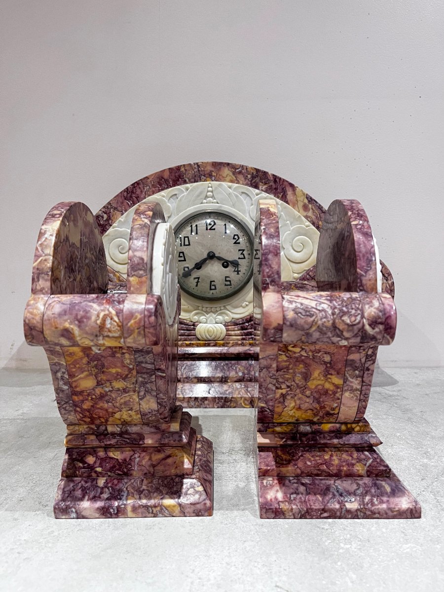 Art Deco Fireplace Surround, Clock And Cassolettes-photo-2