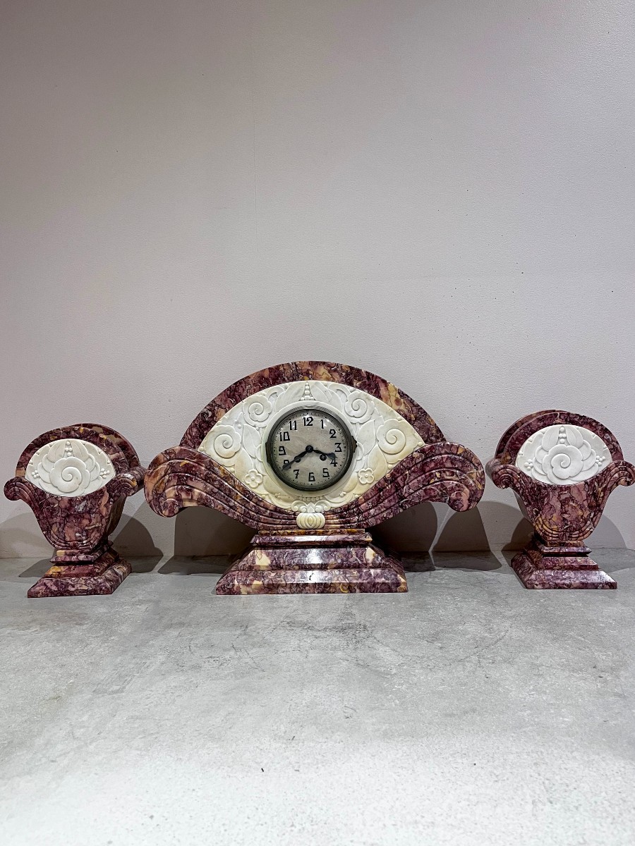 Art Deco Fireplace Surround, Clock And Cassolettes
