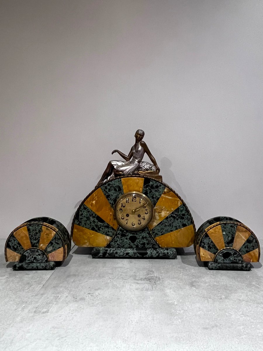 Art Deco Fireplace Surround, Clock And Cassolettes-photo-2