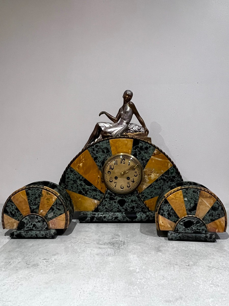 Art Deco Fireplace Surround, Clock And Cassolettes