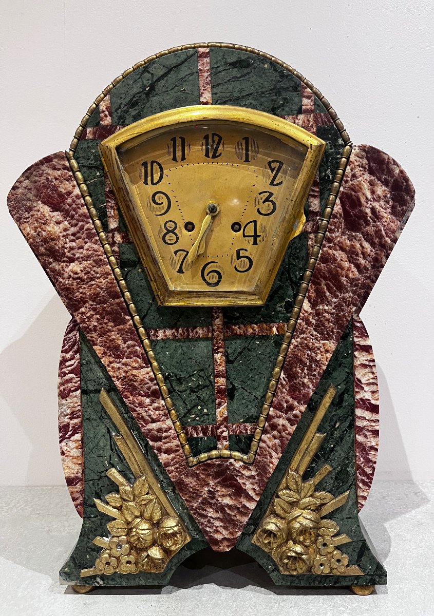 Garniture de cheminée Art Déco, horloge et cassolettes-photo-2