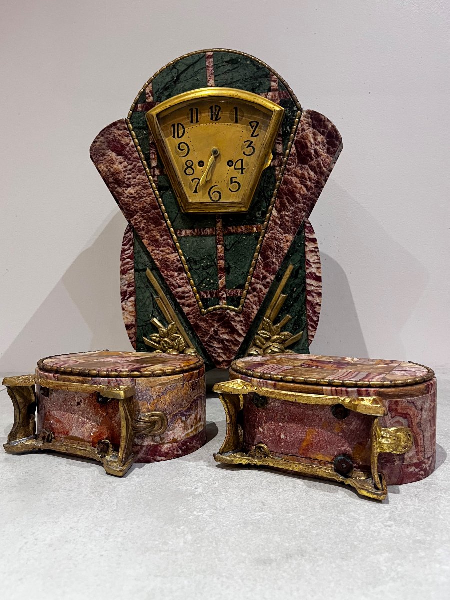 Garniture de cheminée Art Déco, horloge et cassolettes-photo-4