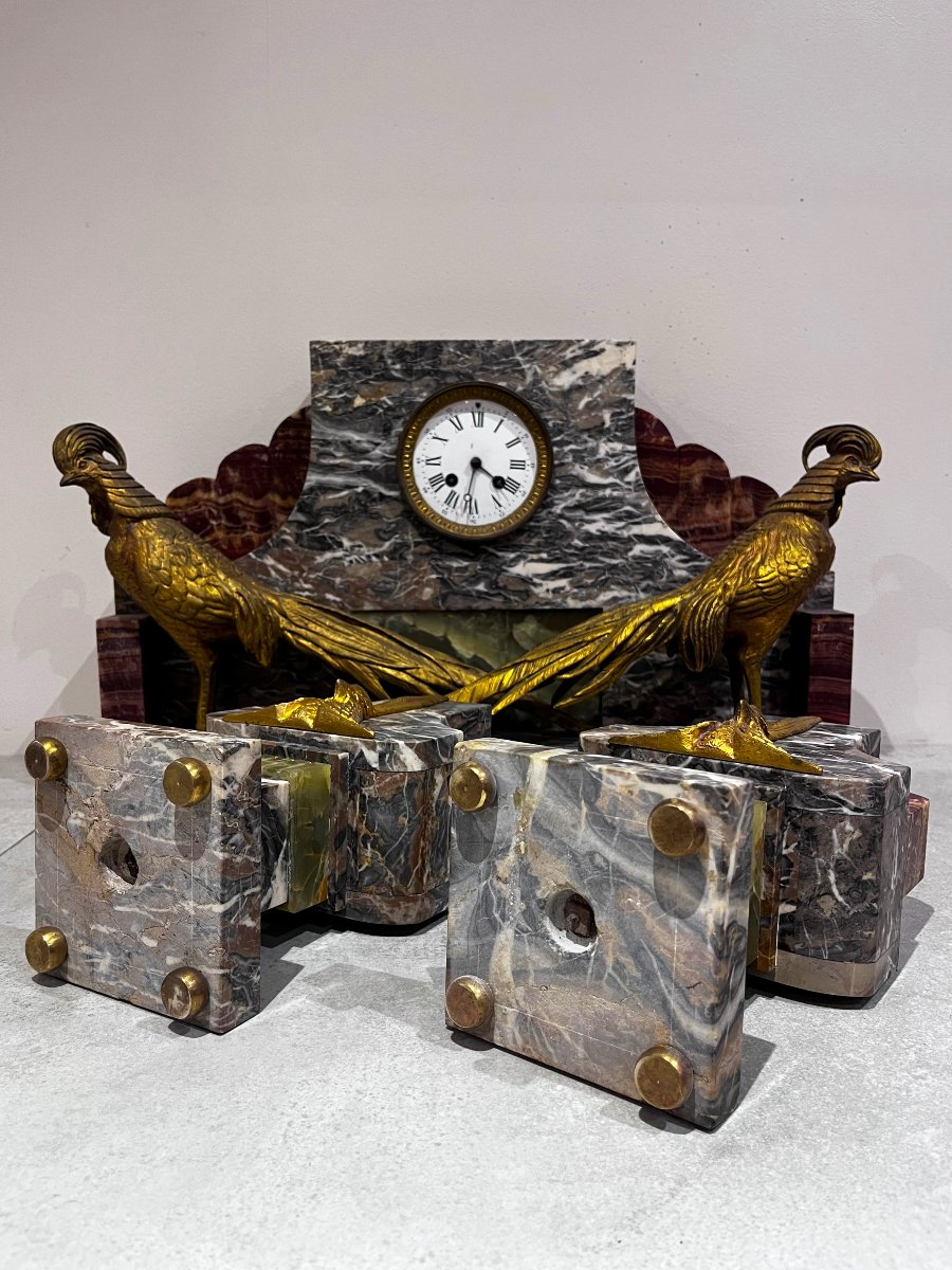 Garniture de cheminée Art Déco, horloge et cassolettes-photo-4