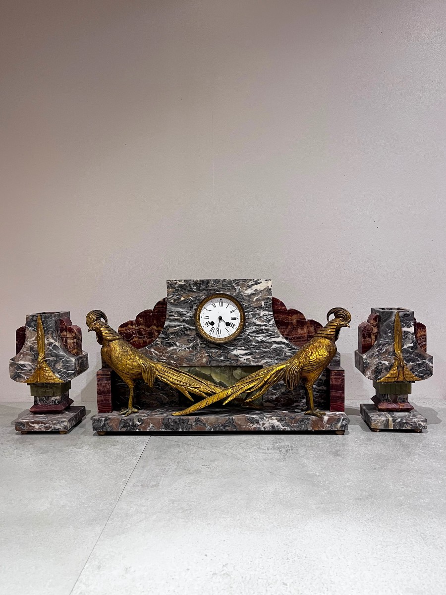 Garniture de cheminée Art Déco, horloge et cassolettes