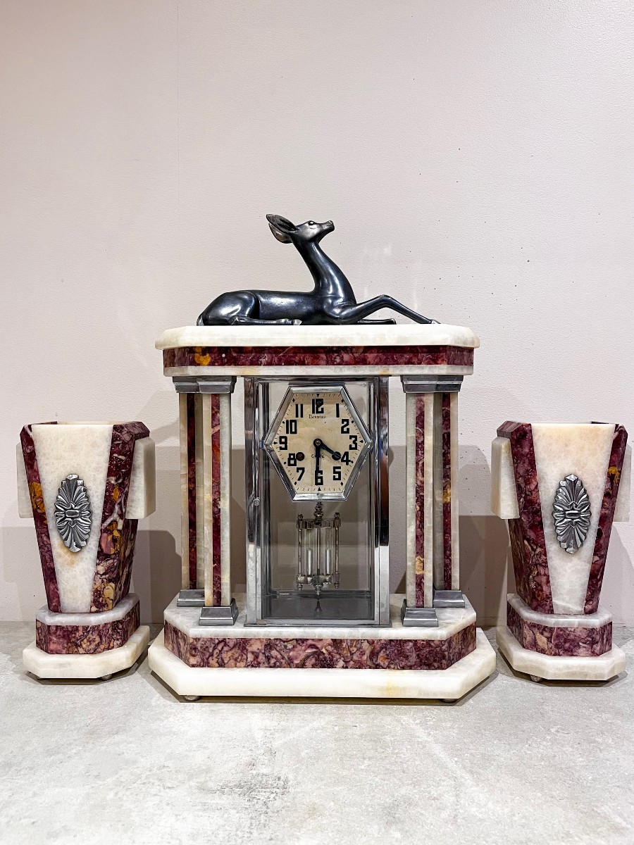 Art Deco Fireplace Surround, Clock And Cassolettes
