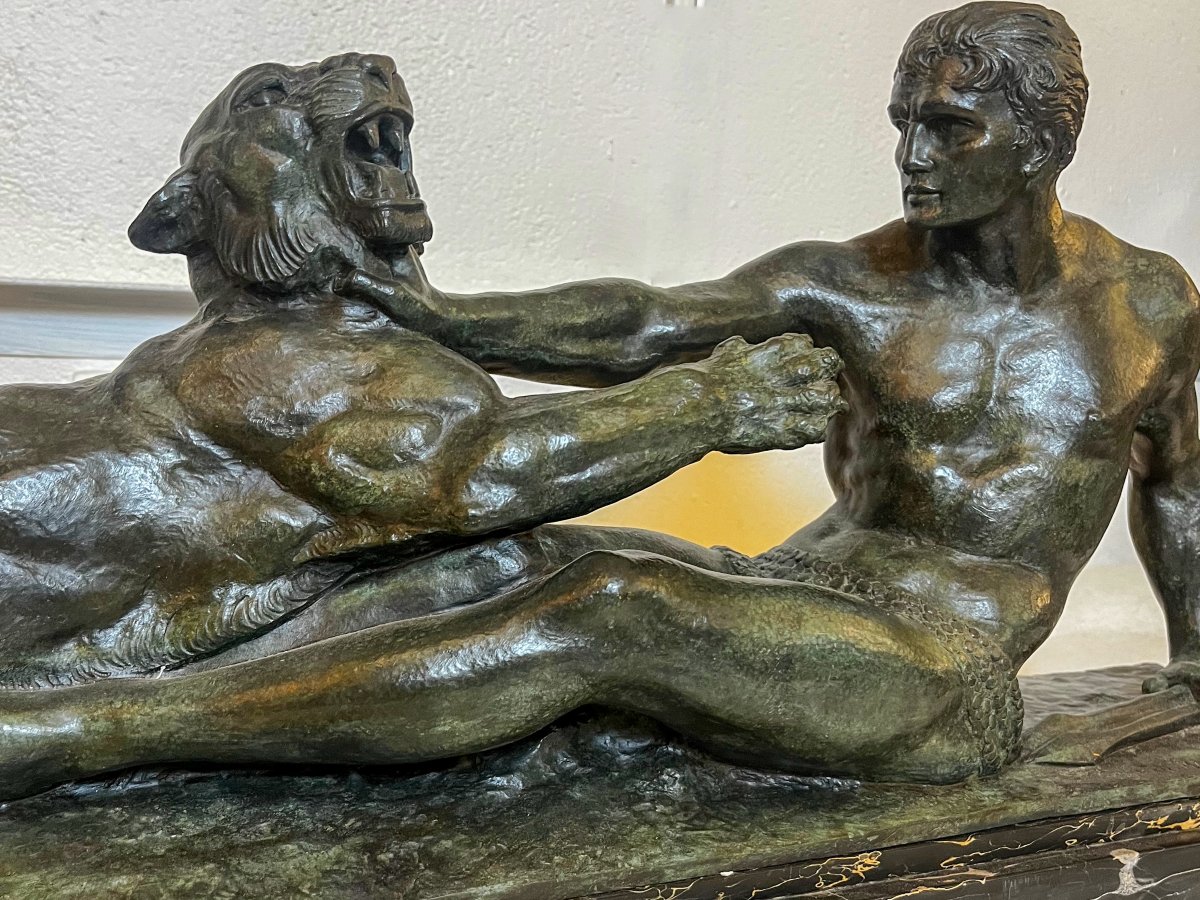 Sculpture Art Déco en bronze "Hercule et le lion de Némée" de Jean-Marie-Joseph Magrou-photo-2