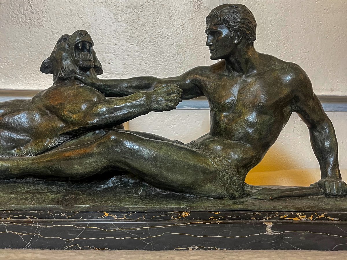 Sculpture Art Déco en bronze "Hercule et le lion de Némée" de Jean-Marie-Joseph Magrou-photo-3