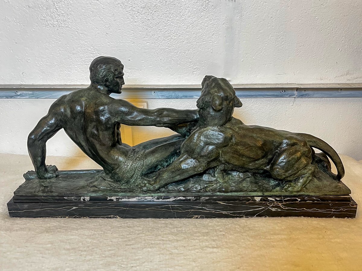 Sculpture Art Déco en bronze "Hercule et le lion de Némée" de Jean-Marie-Joseph Magrou-photo-1