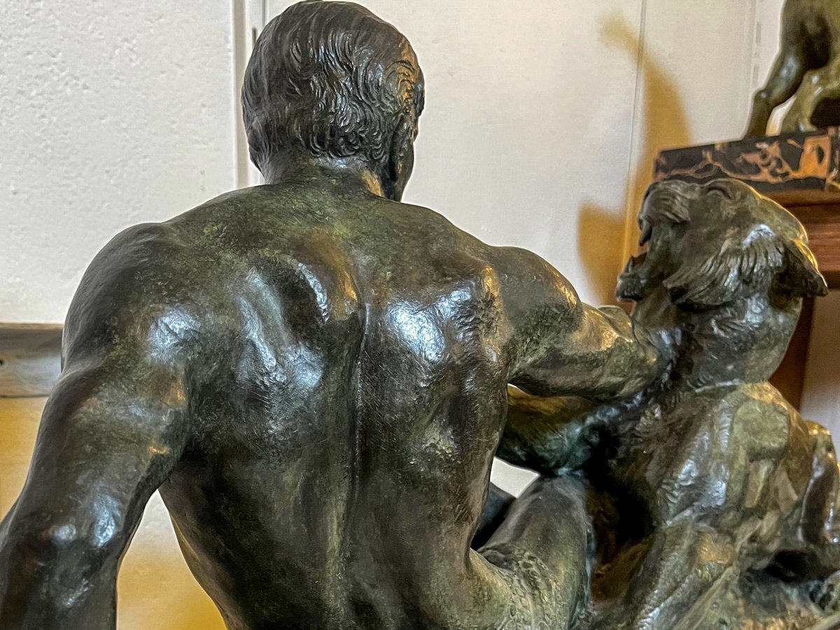 Sculpture Art Déco en bronze "Hercule et le lion de Némée" de Jean-Marie-Joseph Magrou-photo-3