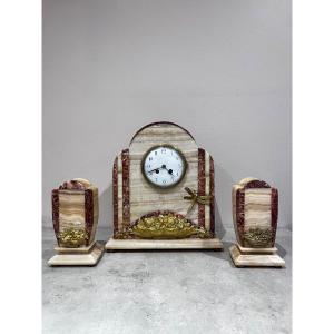 Art Deco Fireplace Surround, Clock And Cassolettes
