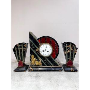 Art Deco Fireplace Surround, Clock And Cassolettes