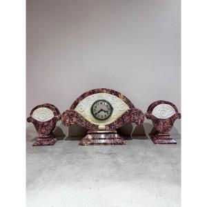 Art Deco Fireplace Surround, Clock And Cassolettes