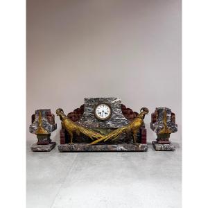 Art Deco Fireplace Surround, Clock And Cassolettes