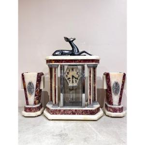 Art Deco Fireplace Surround, Clock And Cassolettes