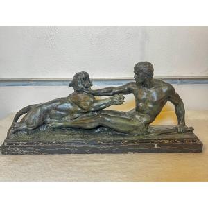 Sculpture Art Déco en bronze "Hercule et le lion de Némée" de Jean-Marie-Joseph Magrou