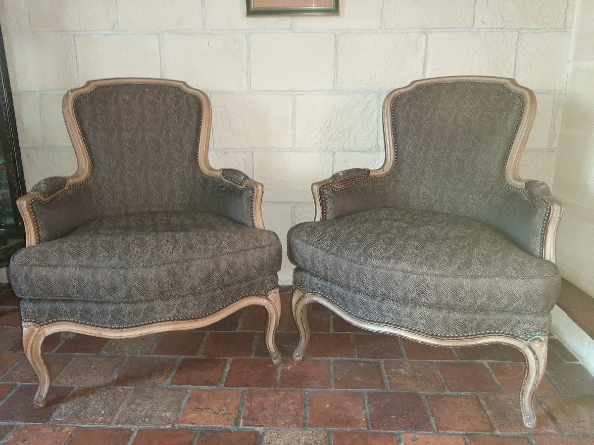 Pair Of Louis XV Style Bergeres In Beech - Mid 20th Century