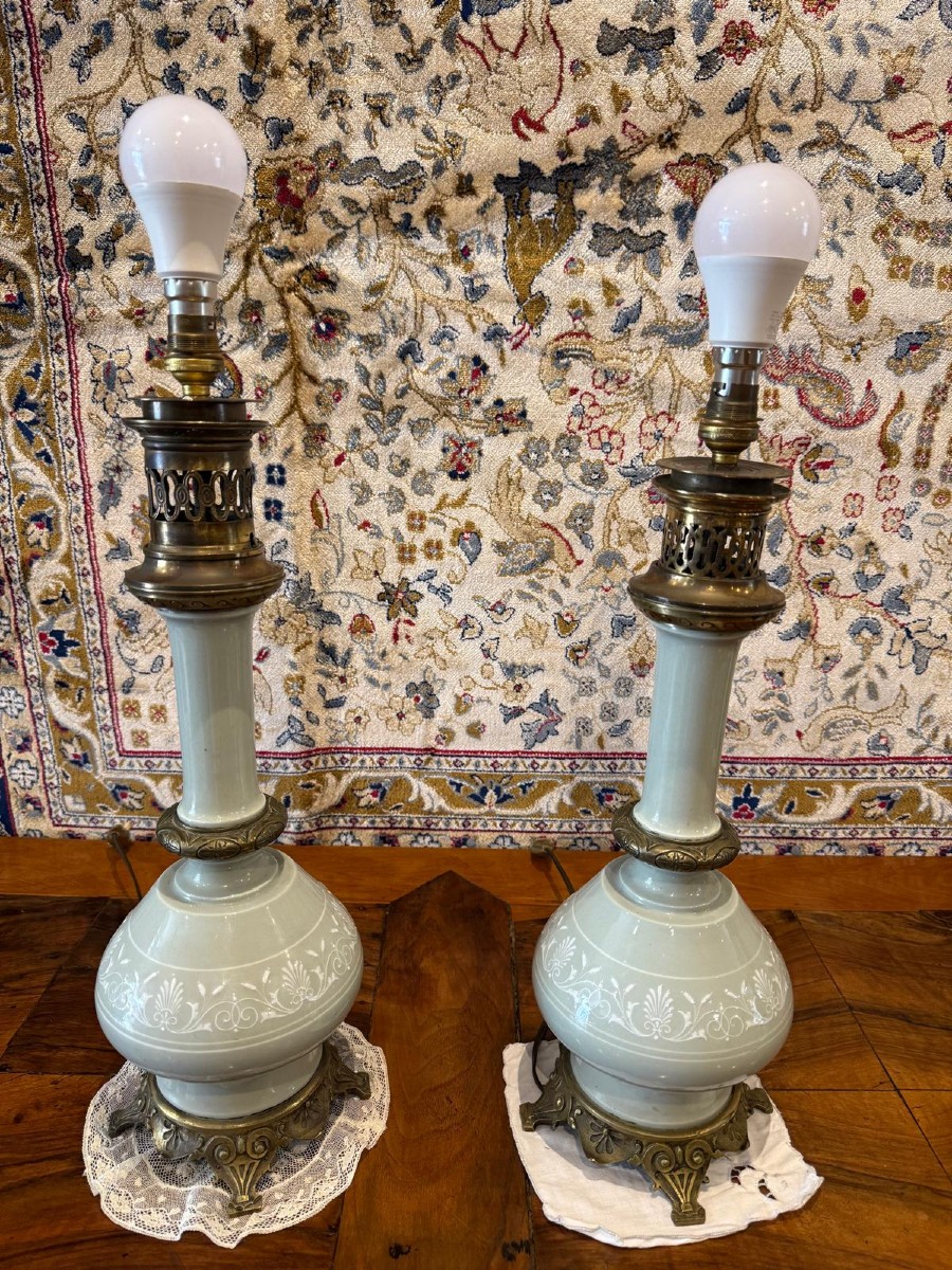 Rare Pair Of Celadon Oil Lamps - Napoleon III