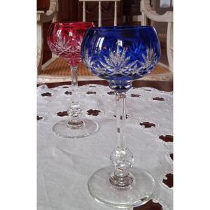 Pair Of Roemers Saint Louis - Massenet Model - Ruby Red And Royal Blue