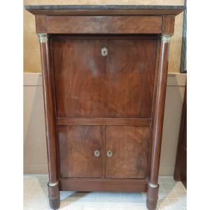 Empire Period Secretary, Fruitwood And Gilt Bronze, Veined Marble Top, 19th Century