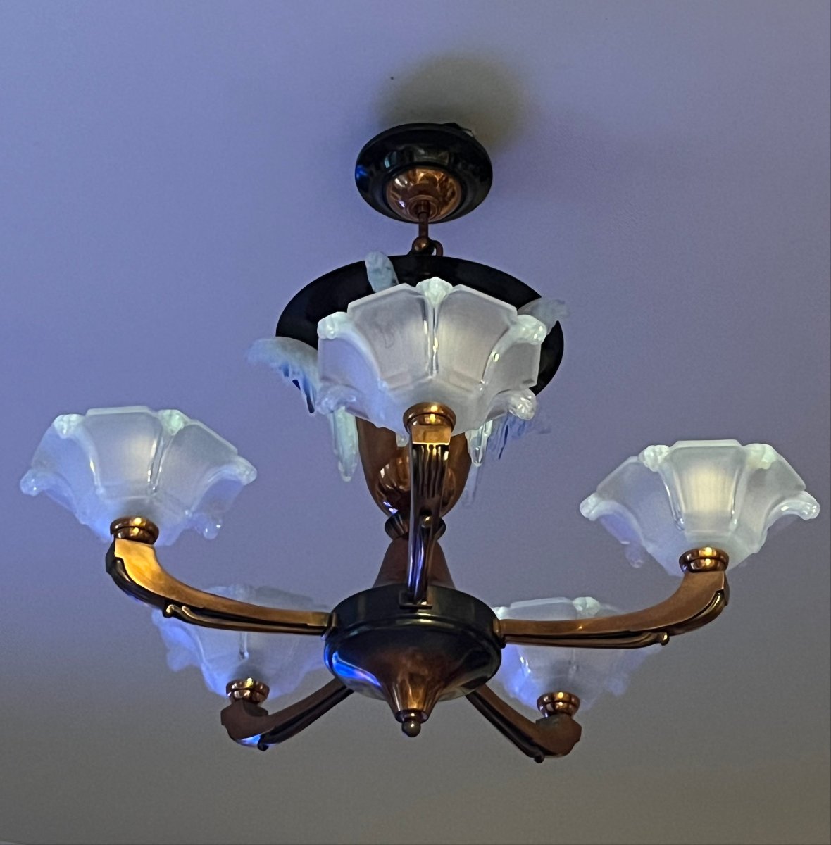 Vintage Art Deco Chandelier, Circa 1925–1930, Brass-finished, By Ezan Petitot, With 5 Lights-photo-3