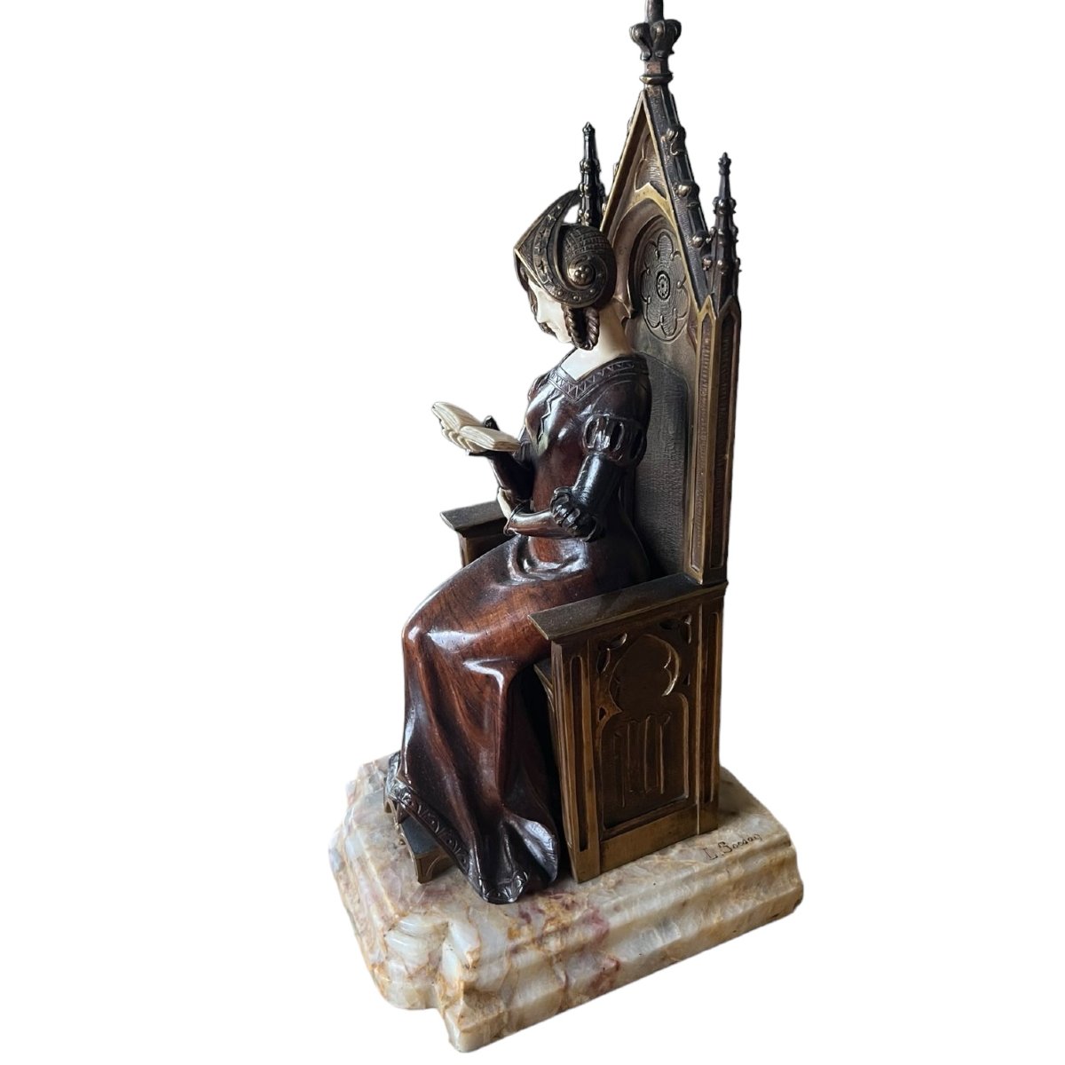 Louis Sosson - Sculpture chryséléphantine - Princesse médiévale lisant-photo-2