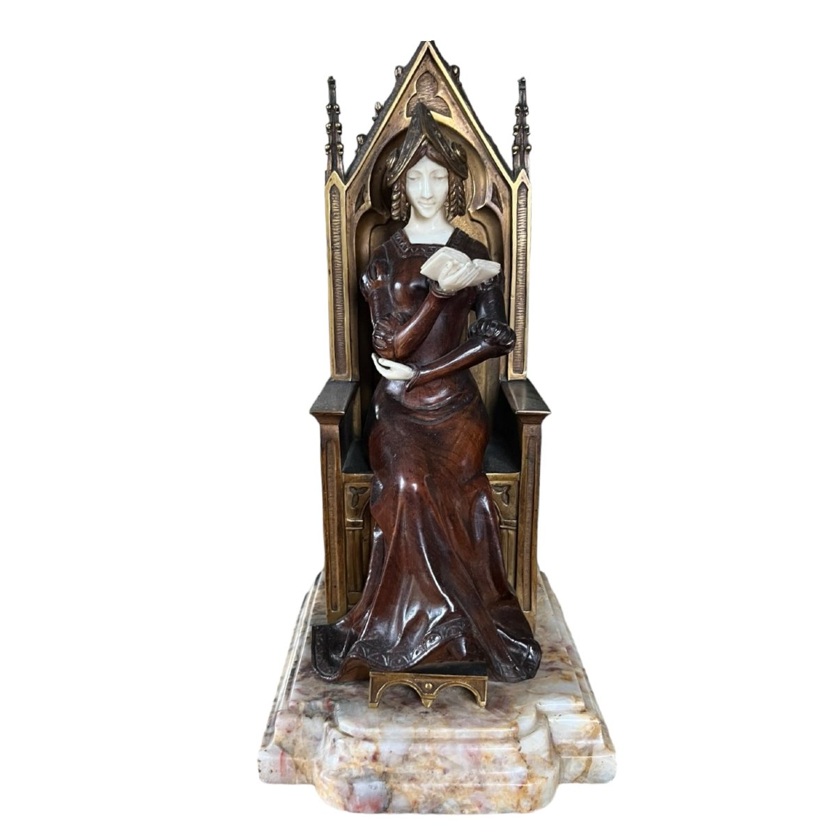 Louis Sosson - Sculpture chryséléphantine - Princesse médiévale lisant