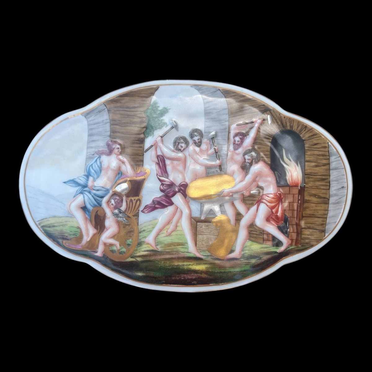 Capodimonte Porcelain Jewelry Box, 19th Century, Depicting Vulcan's Forge