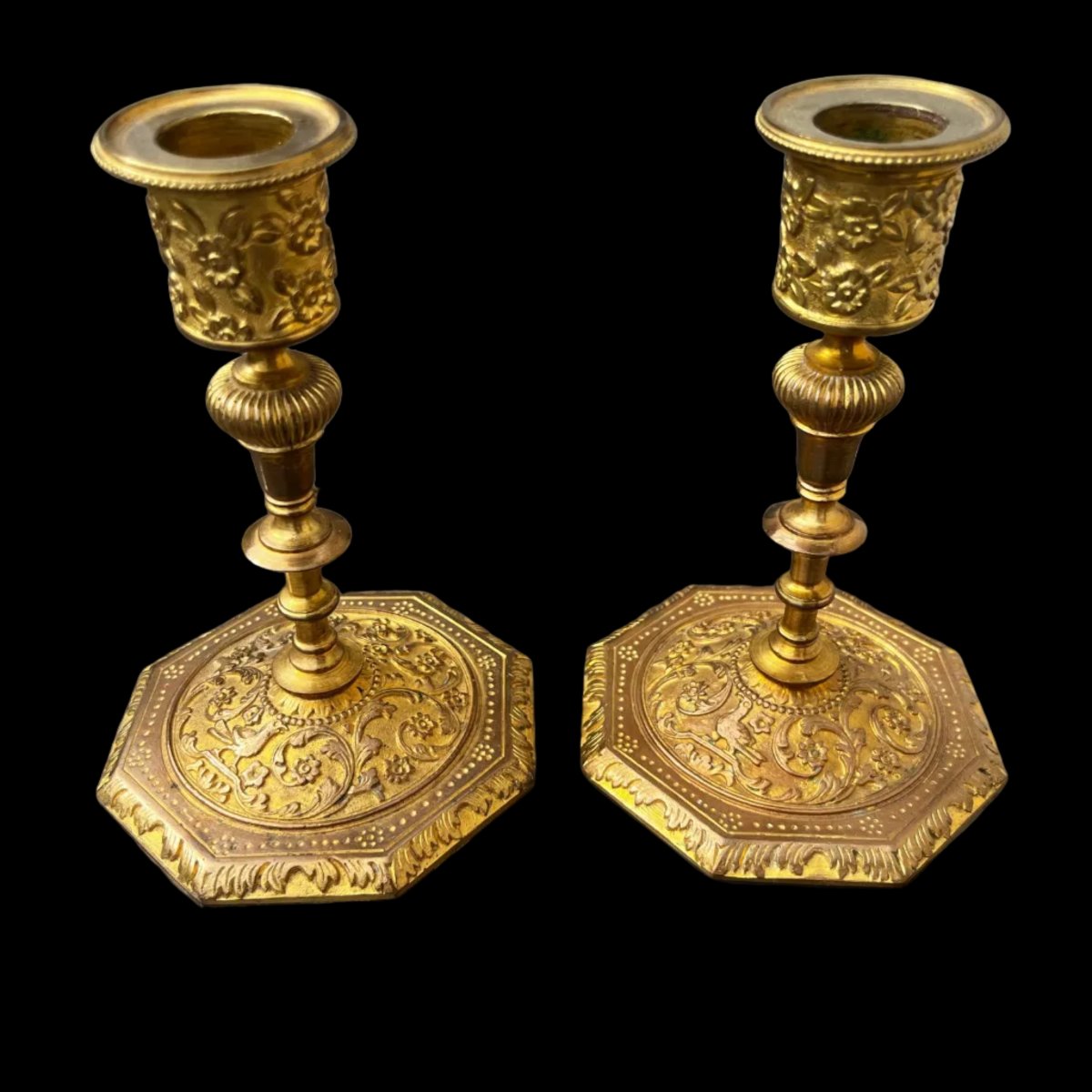 Pair Of Finely Engraved Gilded Bronze Candlesticks, Signed Alfred Daubrée, Napoleon III-photo-4
