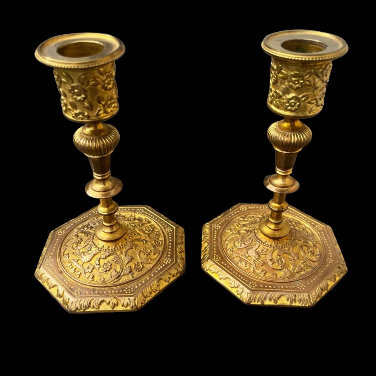 Pair Of Finely Engraved Gilded Bronze Candlesticks, Signed Alfred Daubrée, Napoleon III