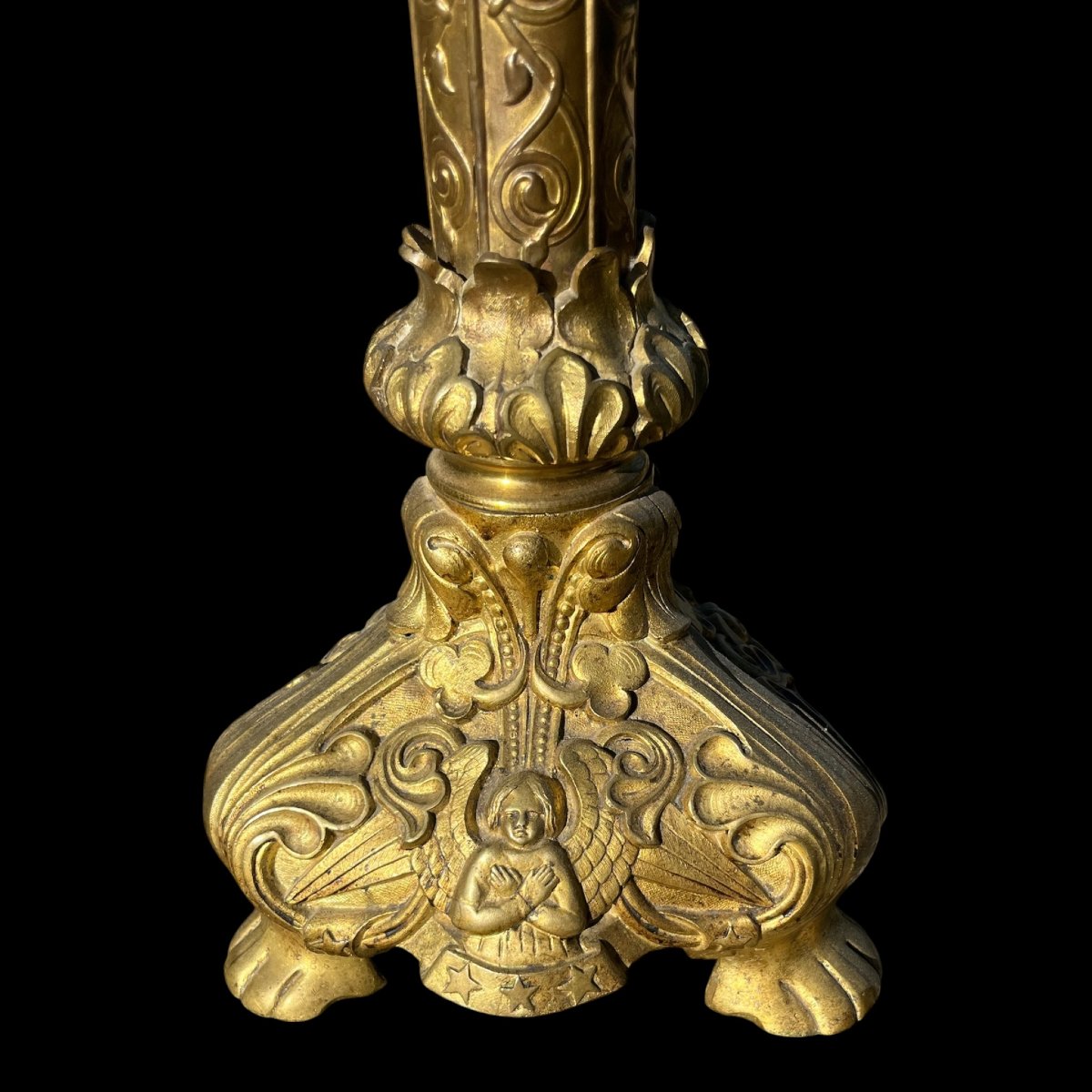 Antique Church Candleholder In Gilded Bronze/brass, In The Neo-gothic Style, 19th Century-photo-2