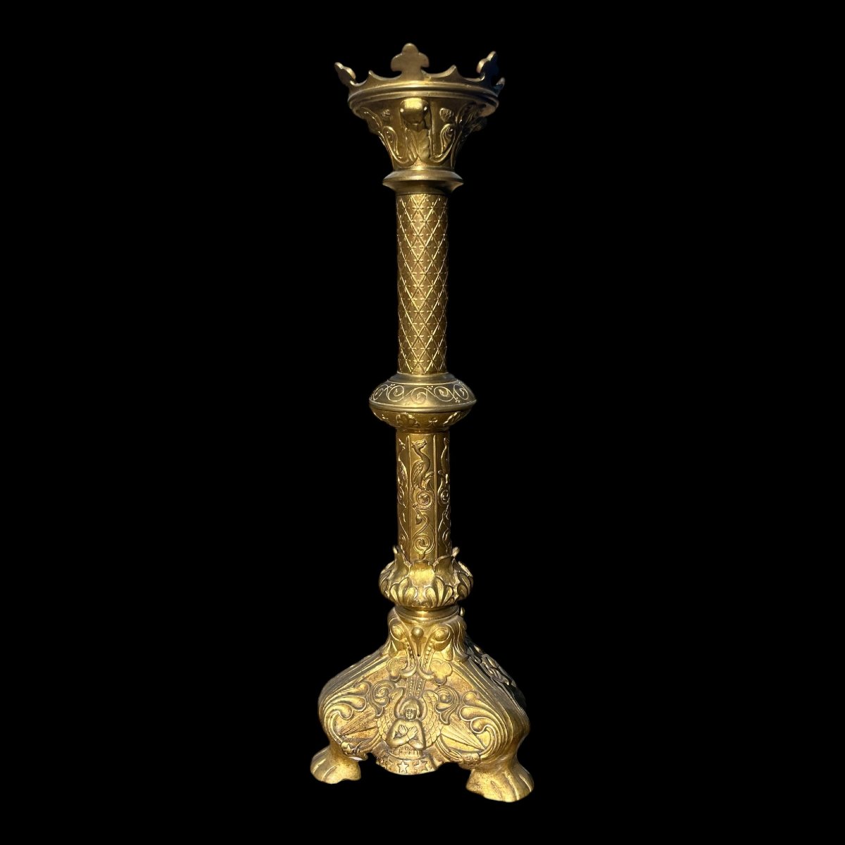 Antique Church Candleholder In Gilded Bronze/brass, In The Neo-gothic Style, 19th Century-photo-3