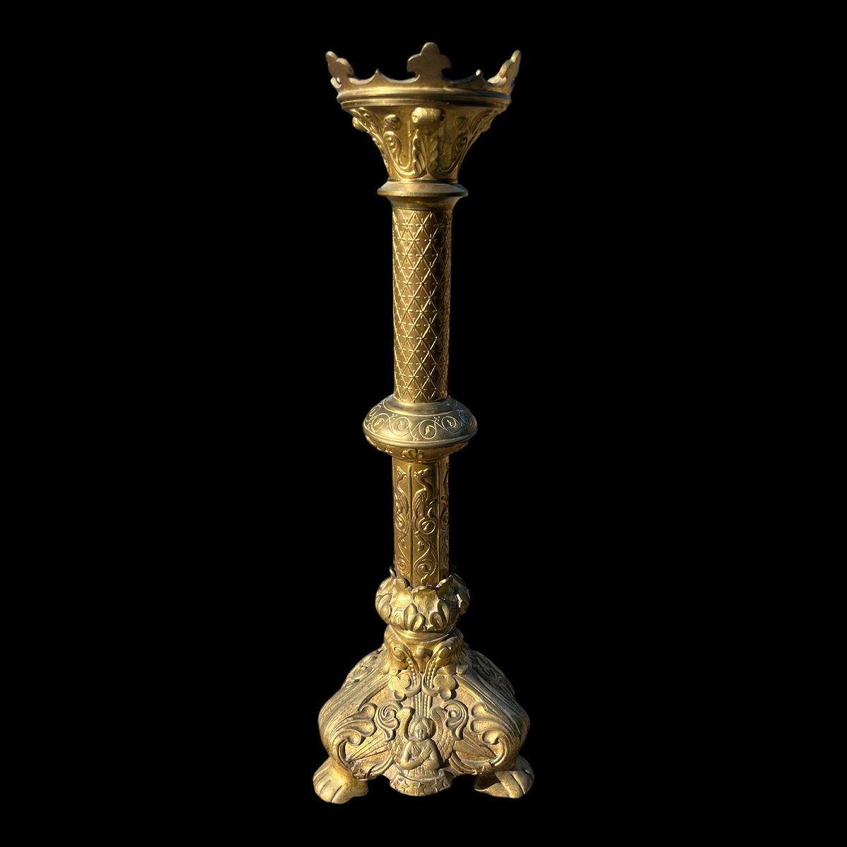 Antique Church Candleholder In Gilded Bronze/brass, In The Neo-gothic Style, 19th Century-photo-4