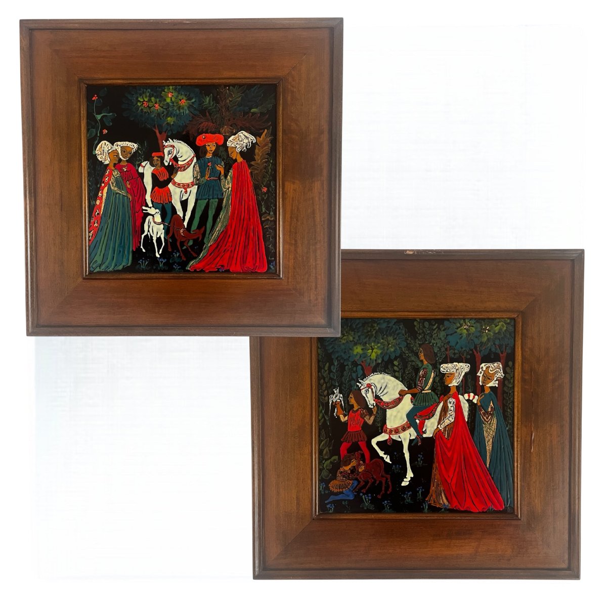 Pair Of Enamel Paintings Depicting Medieval Scenes, American School, 1950s