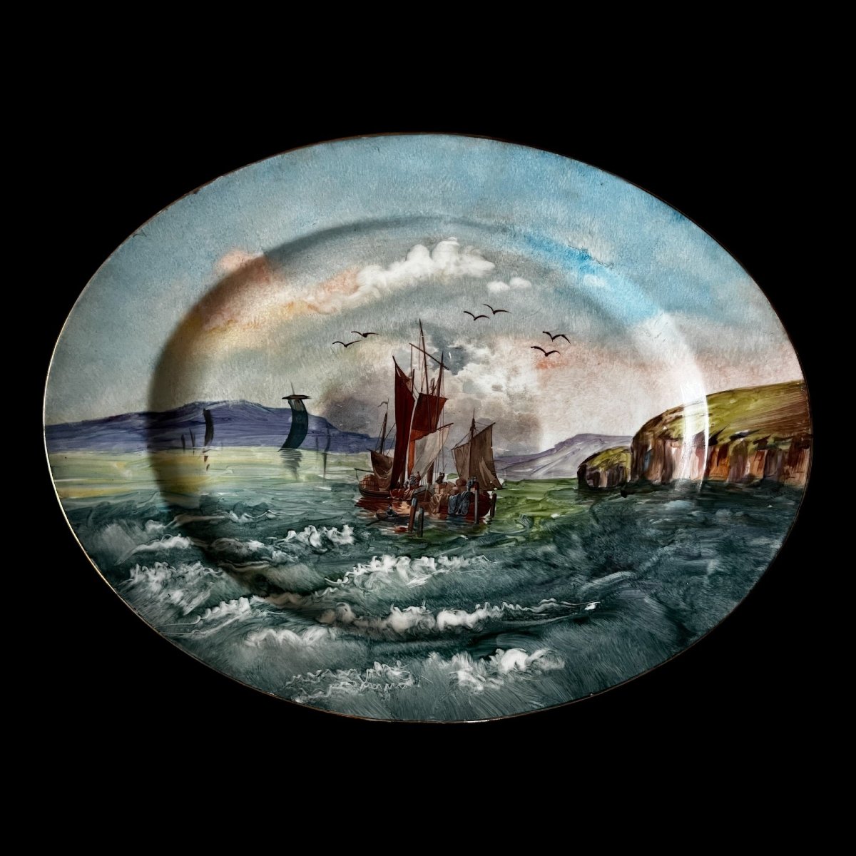 Two Large Oval Plates Depicting A Seascape From The Jean Pouyat Factory In Limoges-photo-2