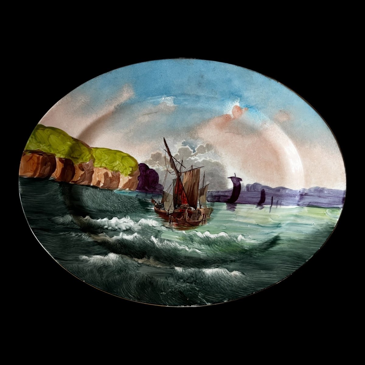 Two Large Oval Plates Depicting A Seascape From The Jean Pouyat Factory In Limoges-photo-3