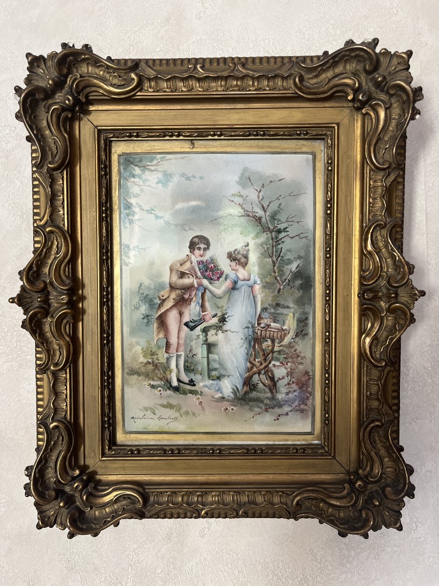 Romantic Scene On Porcelain By Madeleine Lamberts, Late 19th Century